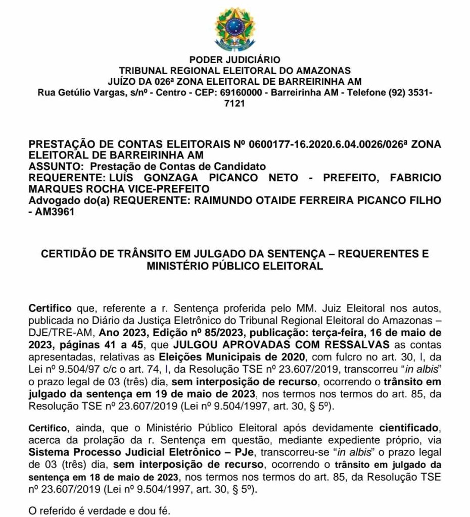 Luis Picanco tem aprovadas contas eleitorais de 2020 em Barreirinha Am