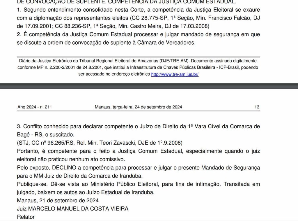 Justica Eleitoral da 56 ZE de Iranduba decide que disputa por vaga de suplente na Camara sera julgada pela Justica Comum 1