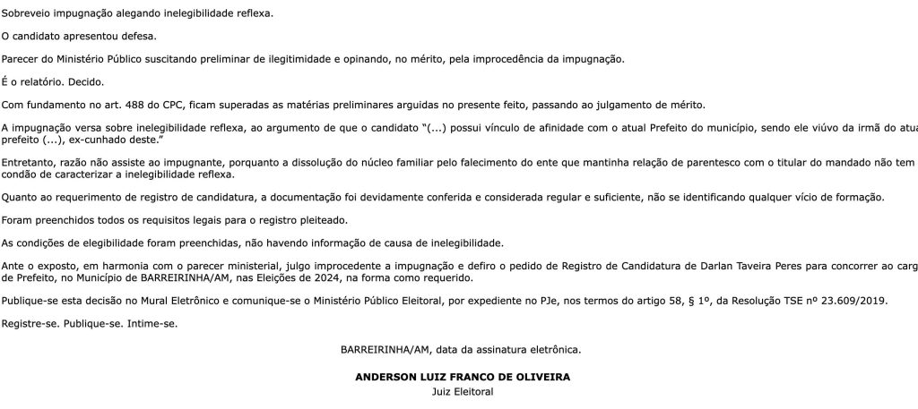 Justica Eleitoral julga improcedente impugnacao da candidatura de Darlan Taveira eleicao 2024