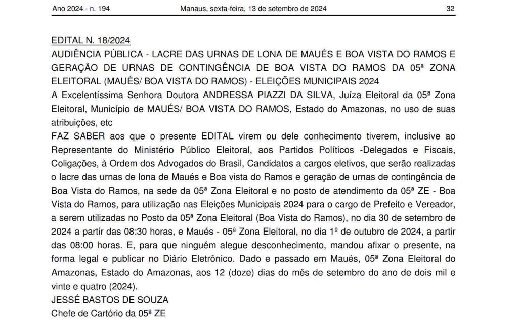 Lacre das urnas eleitorais de Maues e Boa Vista do Ramos ocorrera nos dias 30 de setembro e de outubro