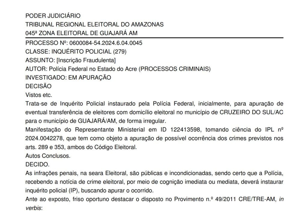 Policia Federal abre Inquerito em Guajara para apurar inscricao eleitoral fraudulenta na eleicao 2024