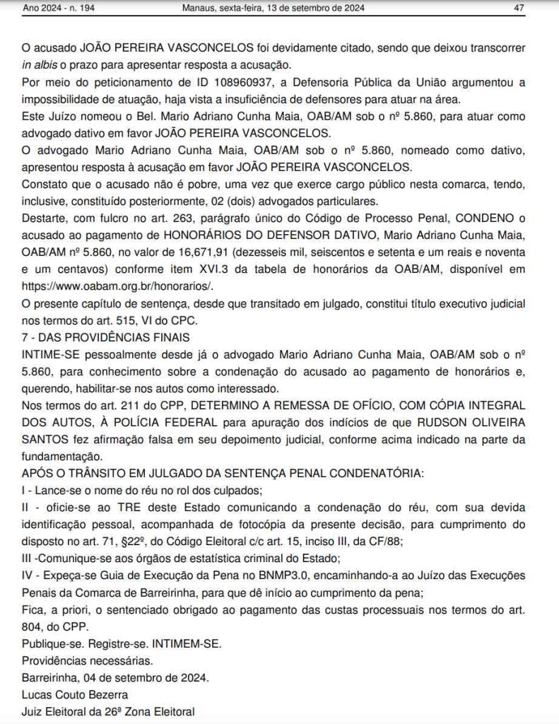 Vereador Joao Vasconcelos e condenado por compra de votos e impedido de disputar eleicoes 2024 em Barreirinha 2