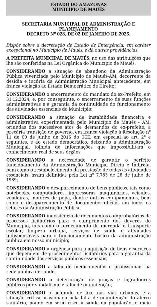 Prefeita decreta emergencia em Maues por 60 dias1