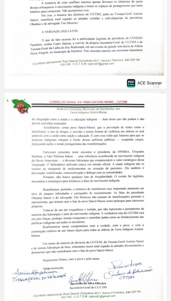 Integrantes do CGTSM defendem Mecias Jr, Mecias Sateré, Eudes Batista e chamam Obadias e advogado Tito de oportunistas 1 Luta indigena e Dsei