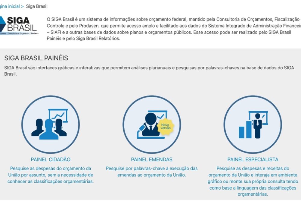 Painel Emendas se junta aos já existentes Painel Cidadão e Painel Especialista na página inicial do sistema Siga Brasil