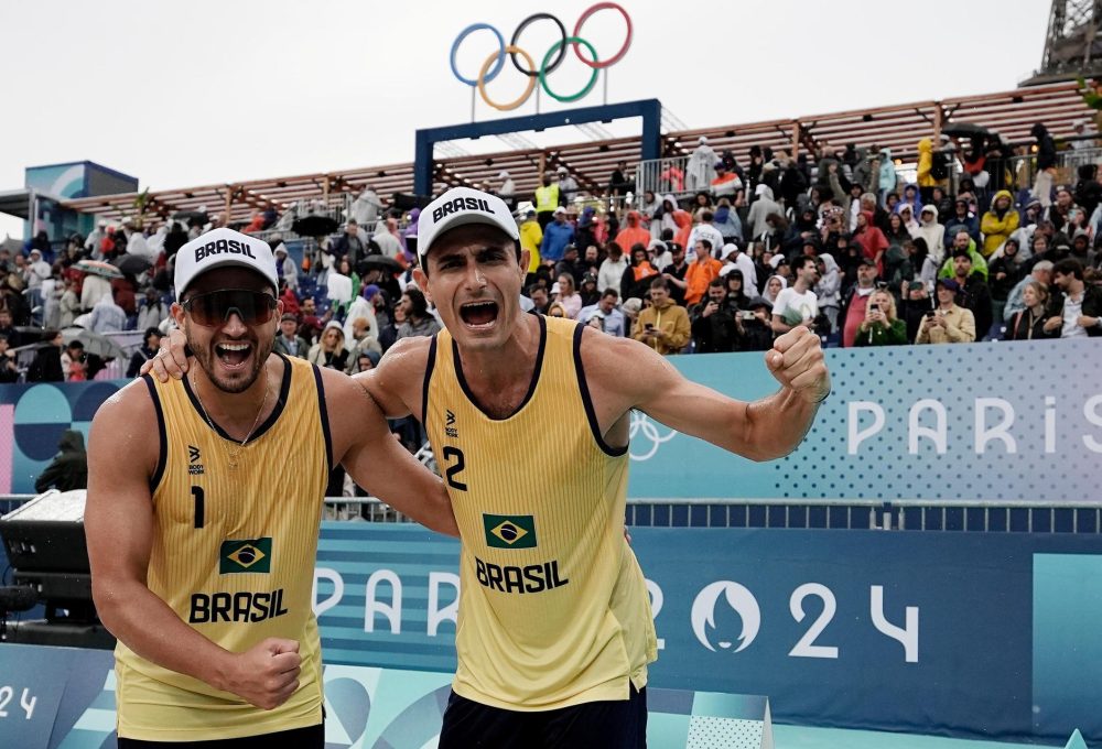André e George estrearam com vitória no vôlei de praia dos Jogos Olímpicos de Paris 2024. FOTO: Alexandre Loureiro/COB