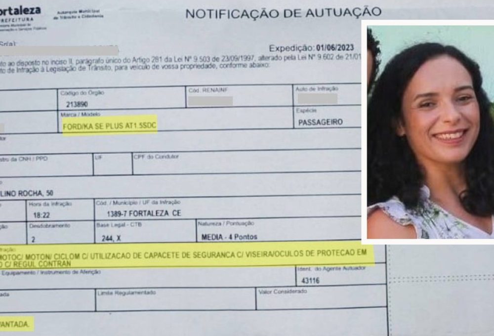 Dirigindo carro, mulher é multada em Fortaleza por conduzir sem viseira do capacete — Foto: Vanessa Rabelo/Arquivo pessoal